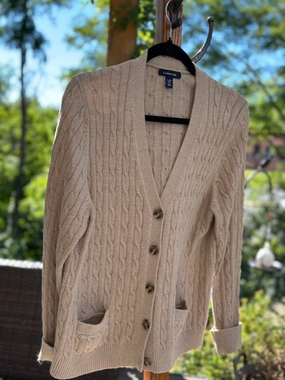 Lands End Cable Knit Cardigan Sweater Womens L 14 16 Wool Blend Taupe